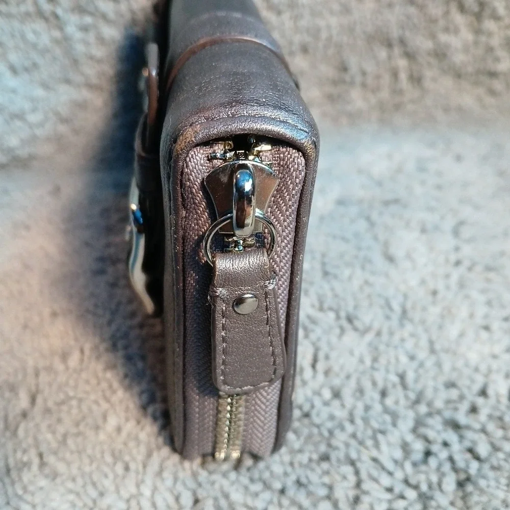 Coach SoHo Zoe Double Buckle Zip Around Leather Wallet Metallic Pewter Gray